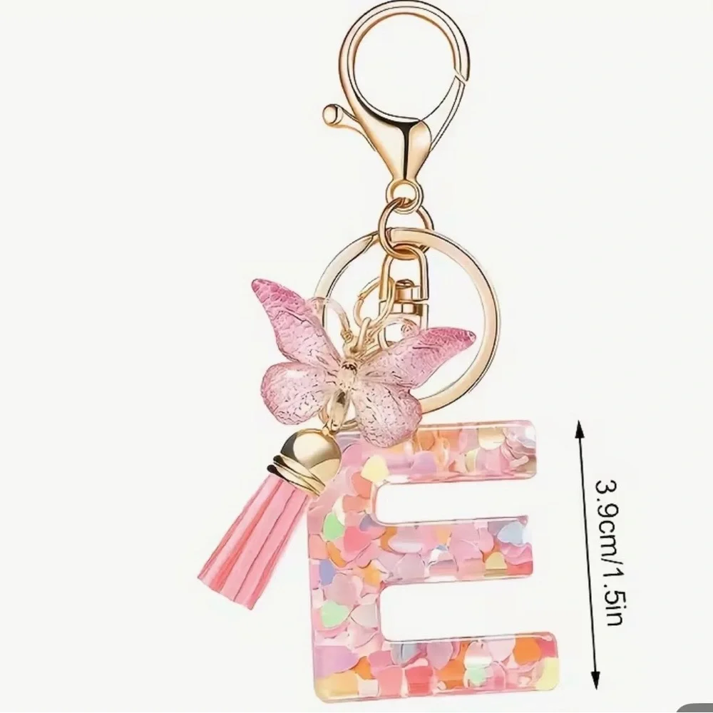 Pink Butterfly Letter E Bag Charm Keychain - Picture 1 of 4